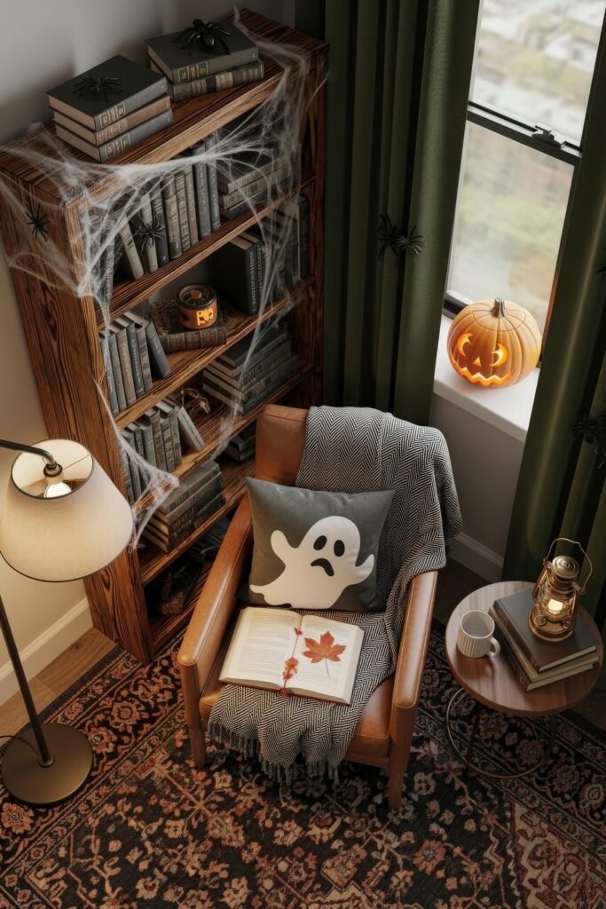 Spooky-Chic Magic: halloween home décor Ideas You’ll Love 4 Reading nook with a ghost pillow, open book, cobweb-covered bookshelf, and a glowing pumpkin on the windowsill.
