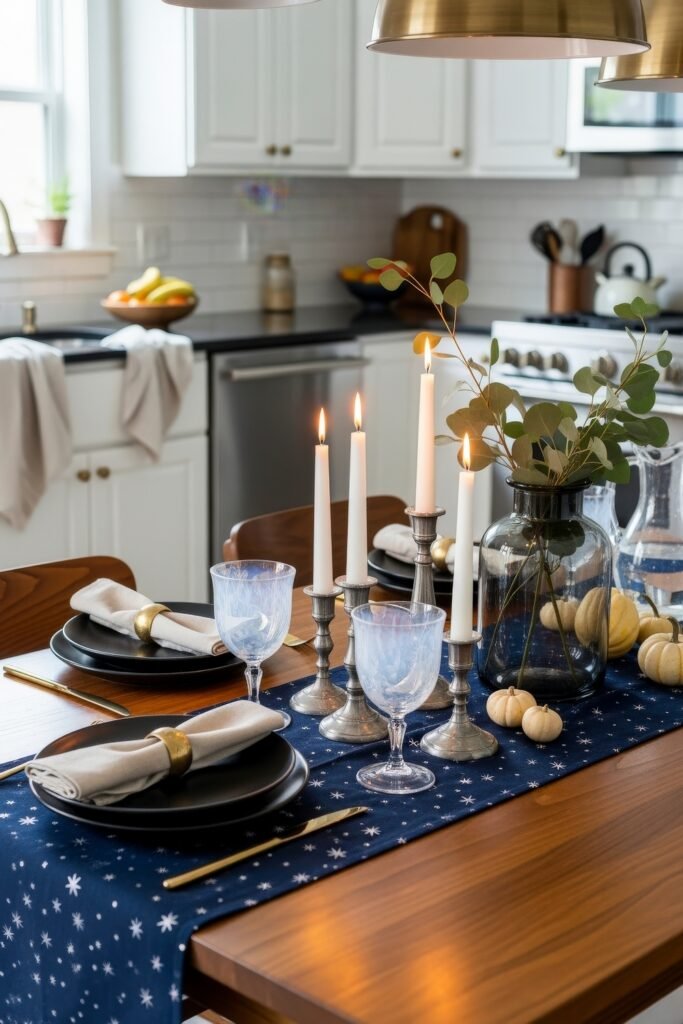 Fresh Ideas for your halloween kitchen 4 A dining table set with black plates, star-patterned navy table runner, glowing candles, and small pumpkins for a subtle Halloween-inspired dinner setup.