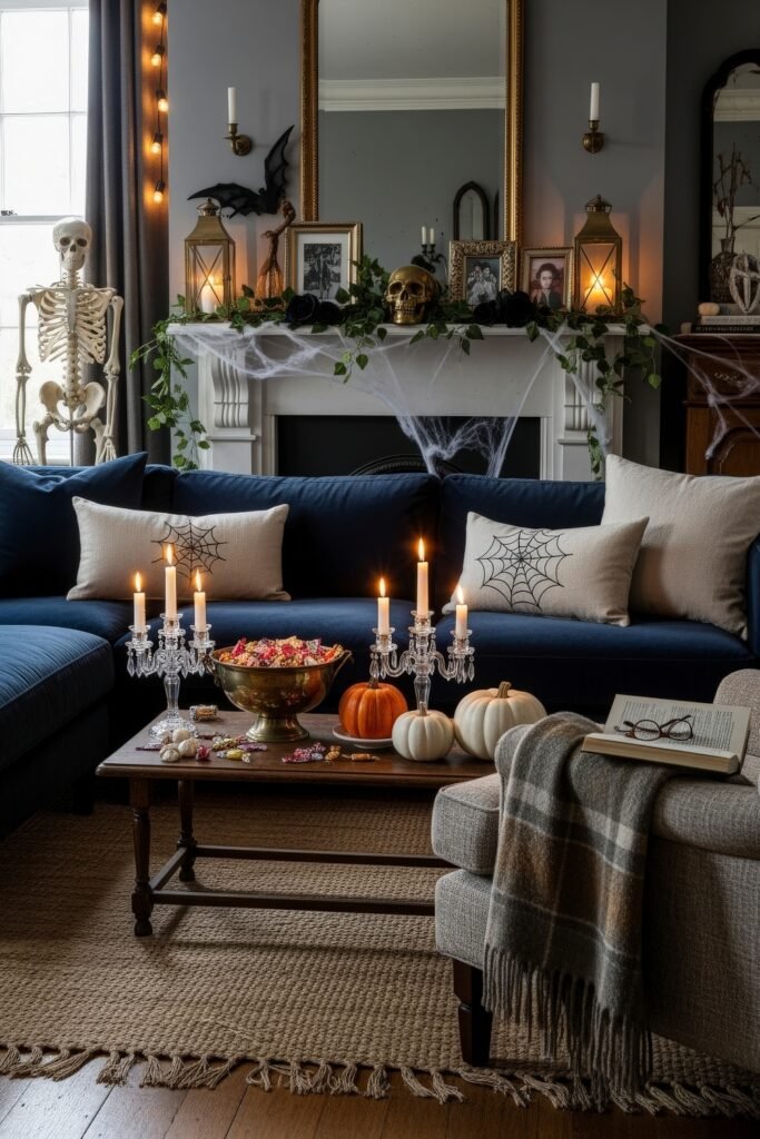 Stylish halloween living room Ideas: 15 Fresh Styles 4 Halloween living room with navy sofa, spiderweb pillows, pumpkins, and a skeleton by a decorated fireplace.