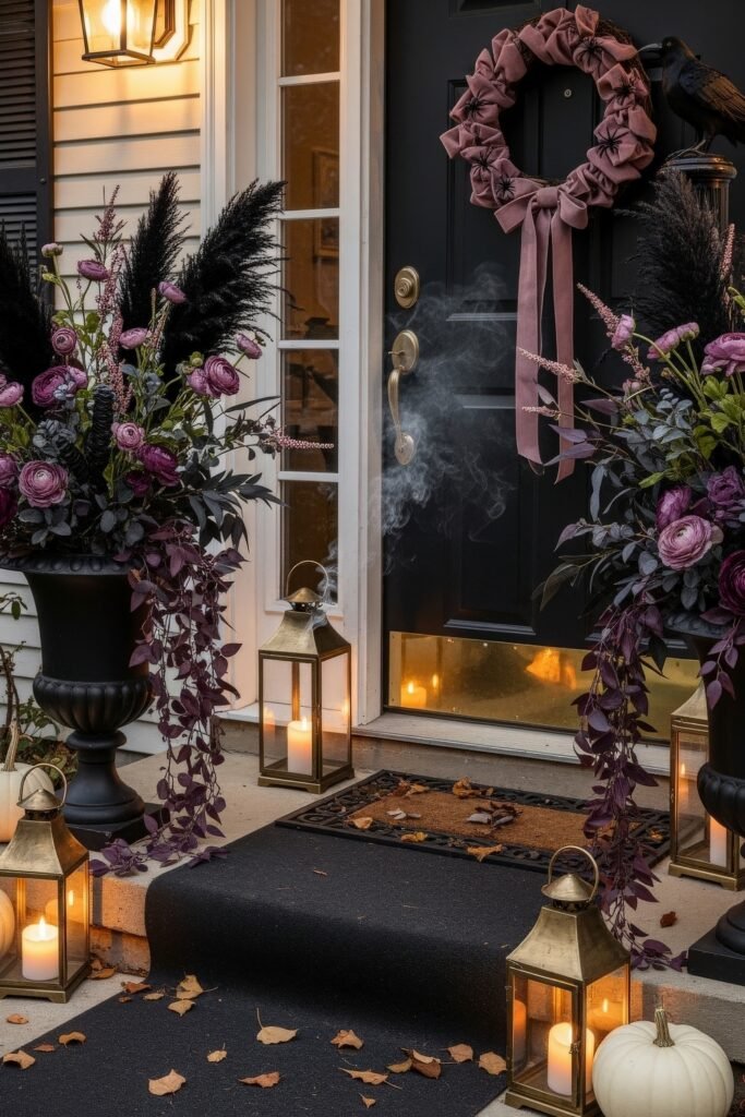 Spooky-Chic halloween porch ideas for Instant Curb Appeal 4 Elegant doorway with dark florals, brass lanterns, and a mauve wreath accented by spiders and autumn leaves.