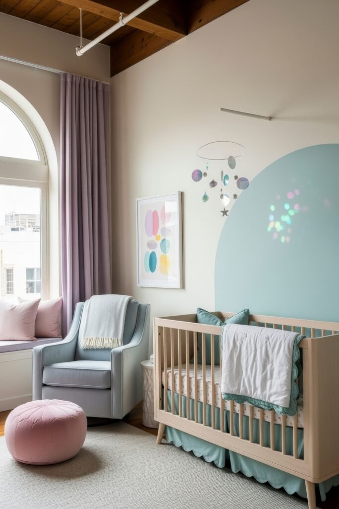 Fresh nautical nursery ideas for a calm, stylish baby room 4 Bright nursery featuring a pale wood crib, pastel blue and pink accents, and a playful mobile, giving a soft dreamy touch.