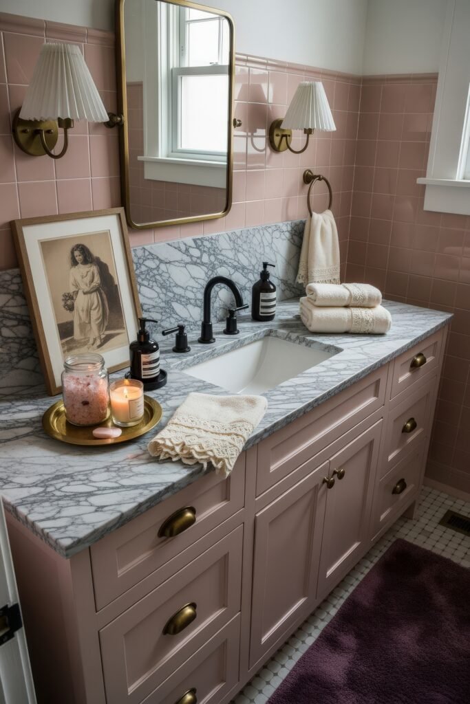 Fresh Ways to Style Pink Bathroom Decor: Looks That Glow 4 Vintage-inspired bathroom with marble countertop, blush vanity, and pink tiled walls, styled with candles, artwork, and lace-trimmed towels as part of the pink bathroom decor.