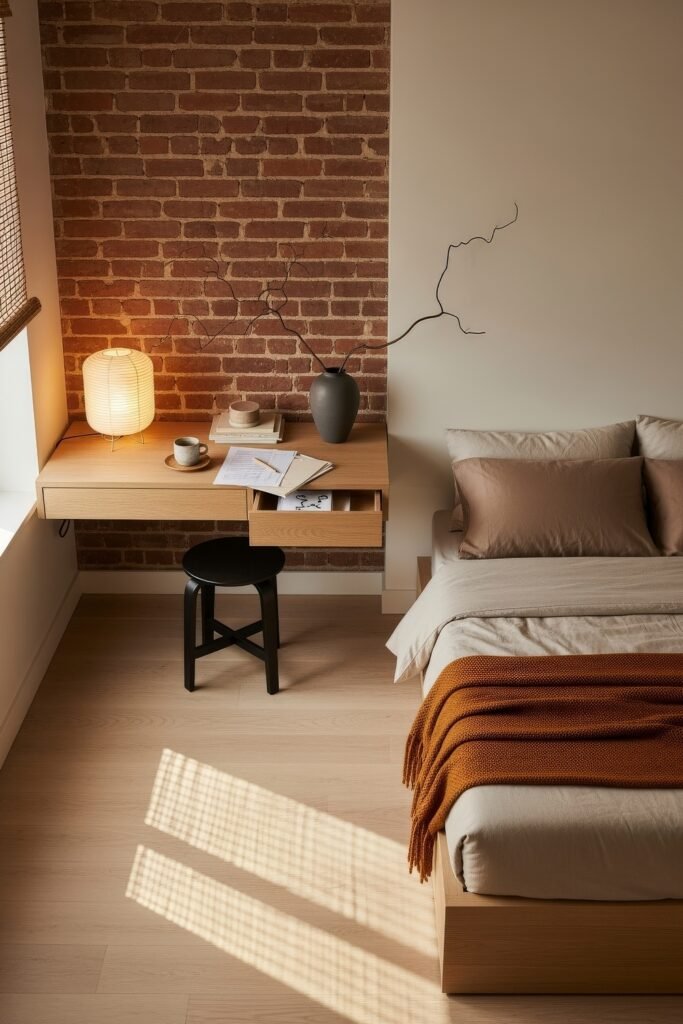 Small Bedroom Office Combo Ideas That Actually Look Chic 5 Minimalist bedroom with an exposed brick wall, floating desk, paper lantern lamp, and earthy décor, featuring a bed with a rust-colored throw.