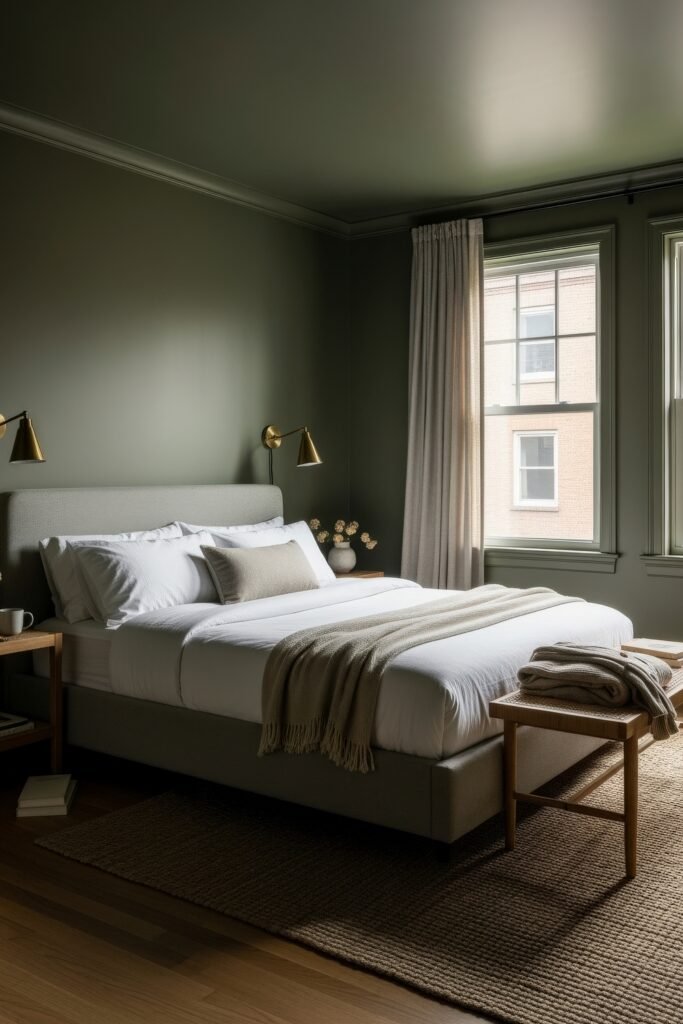 Small Bedroom Style Ideas: 15 Chic Looks That Work 4 Elegant small bedroom with deep green walls, white bedding, and brass wall sconces, creating a moody yet refined style.
