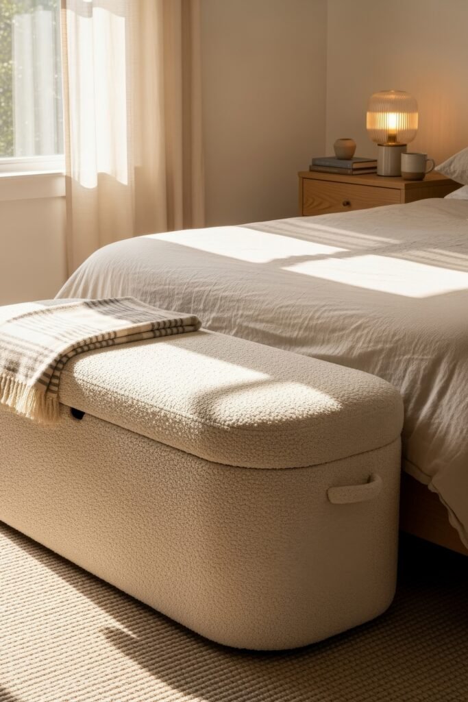Smart, Stylish Storage Ideas for Small Bedrooms 4 Bright bedroom with a textured cream storage bench at the foot of the bed, draped with a plaid throw for added comfort and hidden storage.
