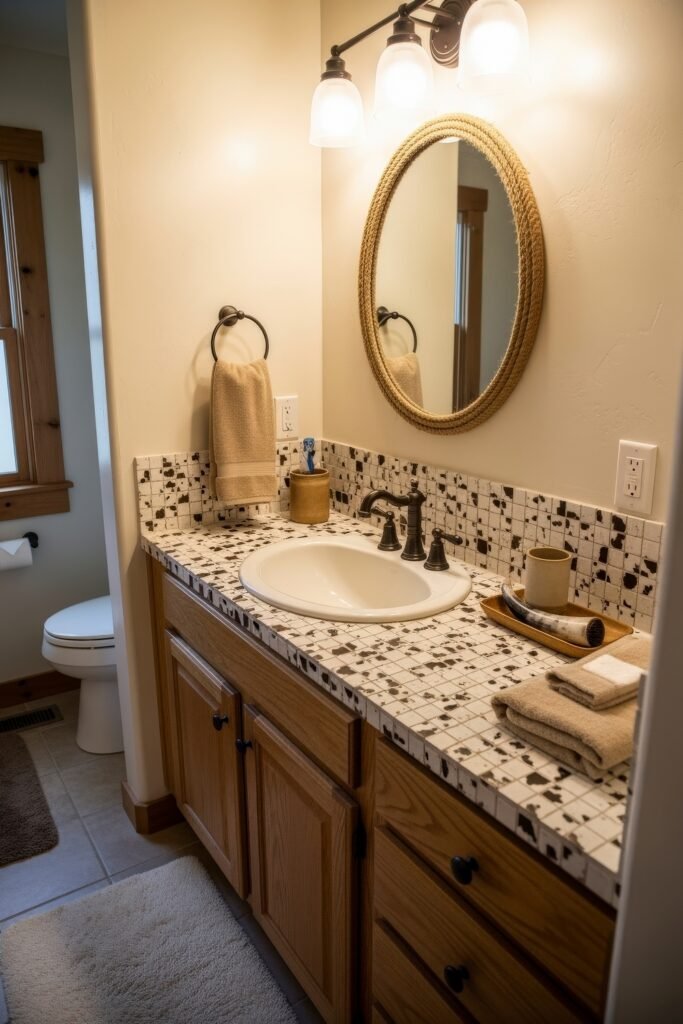 Desert-Modern Magic: Western Bathroom Decor Ideas 4 Rustic bathroom with wood cabinets, a mosaic countertop, oval rope mirror, and earthy accessories creating a simple western bathroom decor touch.