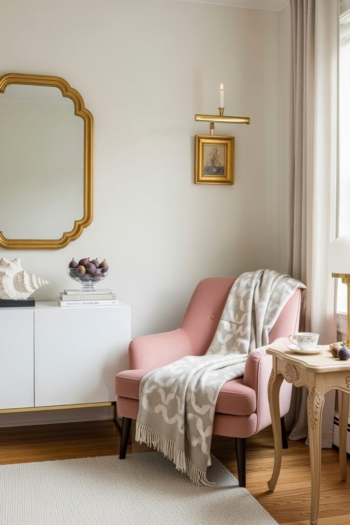 Chic Ideas for Aesthetic Apartment Decor That Feels Effortless 5 Cozy corner with a blush armchair draped in a patterned throw, small carved side table with teacup, and gold-framed mirror and artwork on a cream wall.