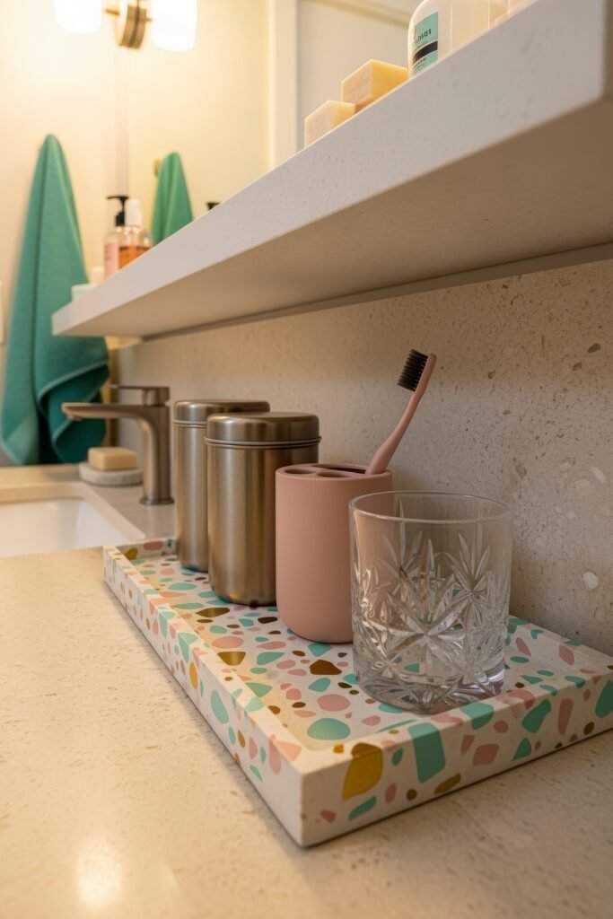 Stylish Bathroom Tray Ideas to Instantly Elevate Your Vanity 4 A terrazzo bathroom tray on a beige vanity counter with metal canisters, a pink toothbrush holder, and a faceted glass cup, positioned under a shelf and beside a modern faucet.