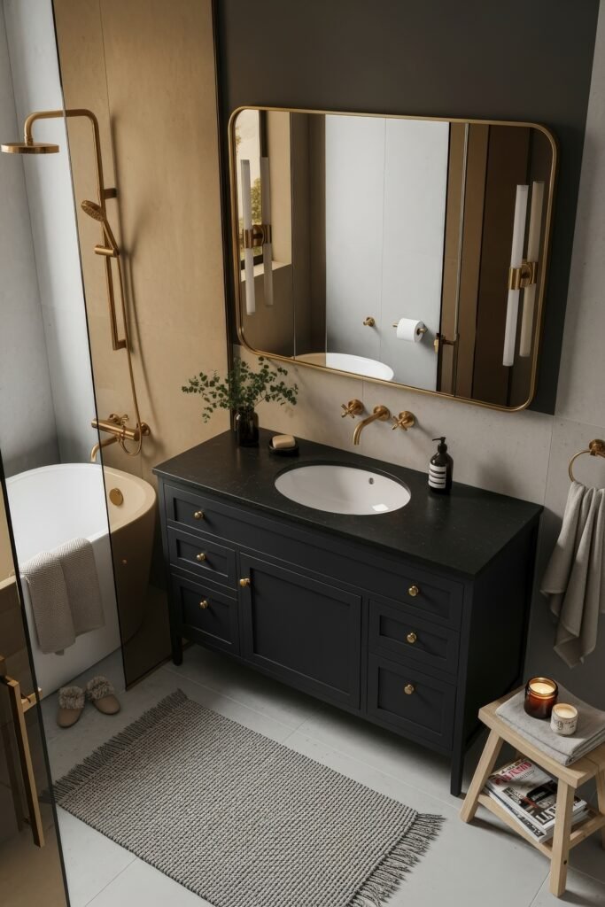 Black and Gold Bathroom Decor Ideas for Luxe Everyday Calm 5 Bathroom with a freestanding tub, black vanity topped with a stone counter, gold fixtures, and a large framed mirror, blending elegance and warmth.