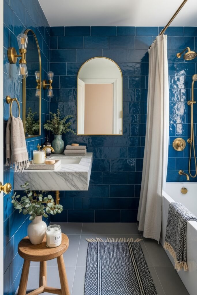 Blue Bathroom Decor: Fresh, Wow-Worthy Ideas 5 Stylish bathroom with glossy blue subway tiles, marble vanity, and gold accents for a refined blue bathroom decor.