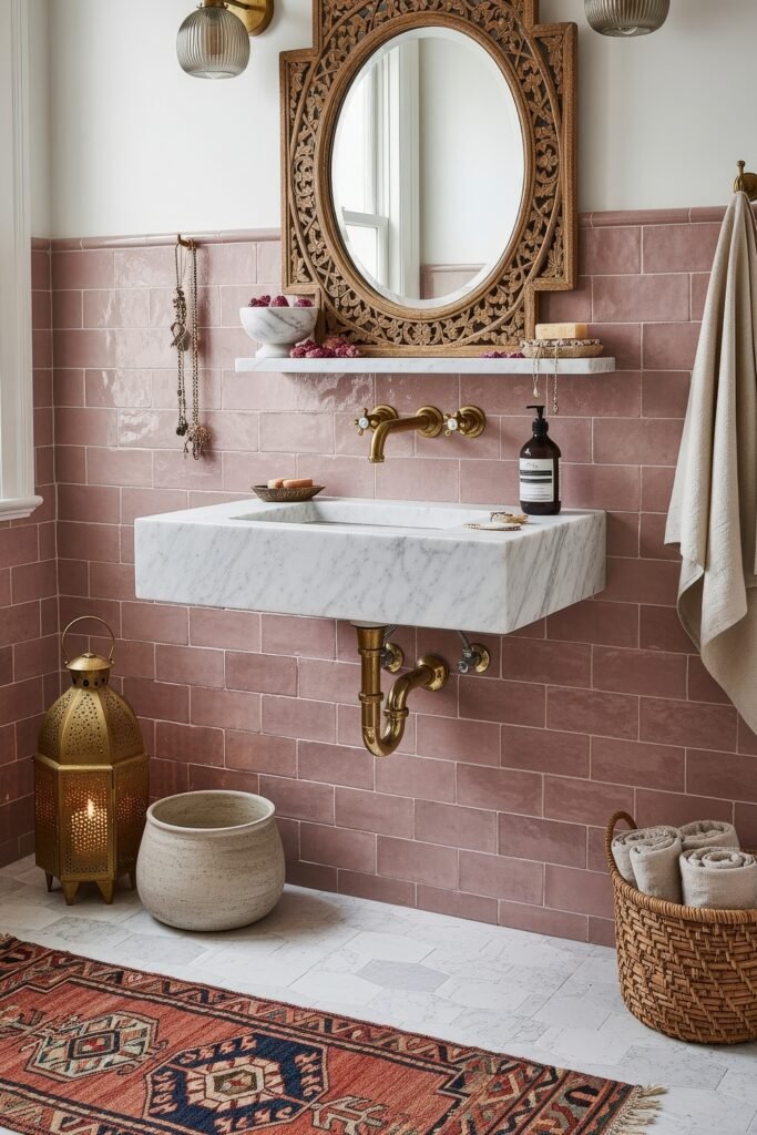 Fresh Ways to Layer Boho Bathroom Decor 5 Pink tile bathroom with marble sink, carved wooden mirror, woven baskets, and brass fixtures for eclectic boho bathroom decor.
