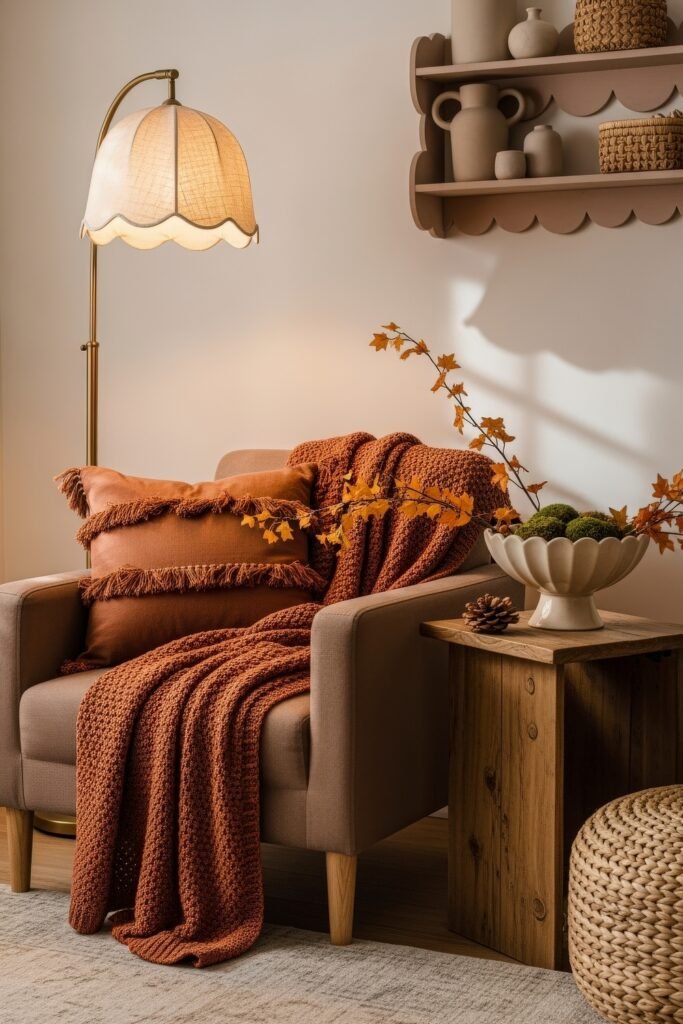 Cozy Boho Fall Decor: Ideas for Warm, Collected Style 5 Cozy reading nook featuring a tan armchair layered with rust-colored pillows and a knit throw, accented by a side table with fall foliage and a pinecone.