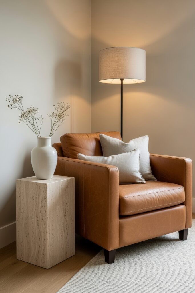 Chic Ideas for a Brown Apartment Aesthetic 4 Warm-toned reading nook with a tan leather armchair, plush neutral pillows, a travertine pedestal table, and a softly glowing floor lamp, evoking cozy aesthetic apartment decor.