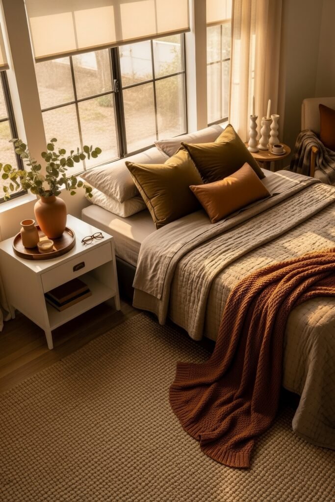 Soft & Stylish: Cozy Bedroom Ideas for an Effortless Retreat 5 Sunlit bedroom styled in earthy hues with a bed covered in layered neutrals, gold accent pillows, rust-colored throw, and ceramic vases on a white nightstand.