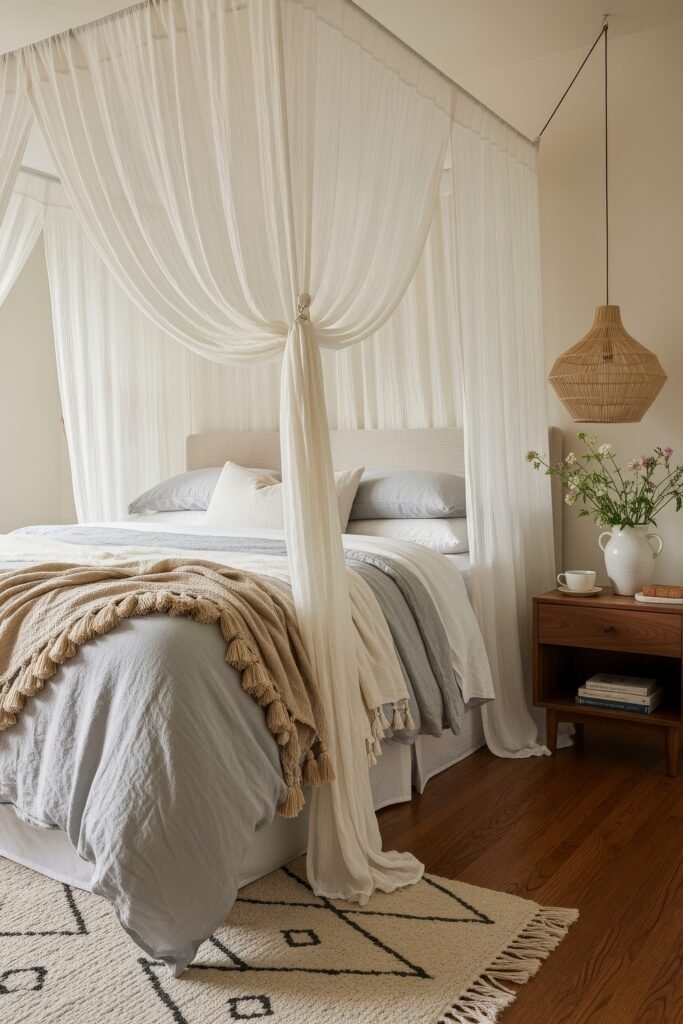 Dreamy Ways to Style a Cozy Boho Bedroom 5 Airy bedroom with sheer white canopy curtains, neutral linens, tasseled throws, a wooden nightstand with flowers in a ceramic pitcher, and a hanging woven pendant light, styled in a serene, cozy boho bedroom aesthetic.