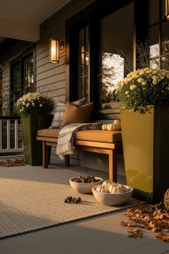 Cozy Entry Glow: Fall Porch Ideas to Try 5 Welcoming fall porch with large planters of white mums, a cushioned bench with plaid accents, and bowls of pumpkins and nuts.