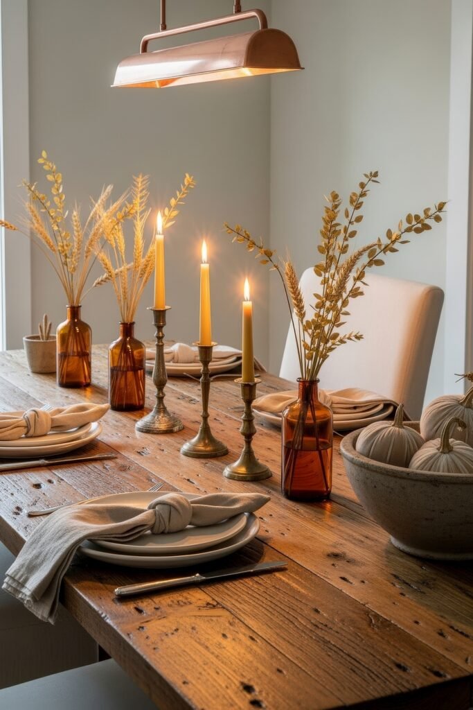 Fresh farmhouse fall decor Ideas for a Cozy, Modern Home 5 Wooden dining table set with linen napkins, amber glass vases filled with wheat, and glowing candles, styled with soft farmhouse fall decor.