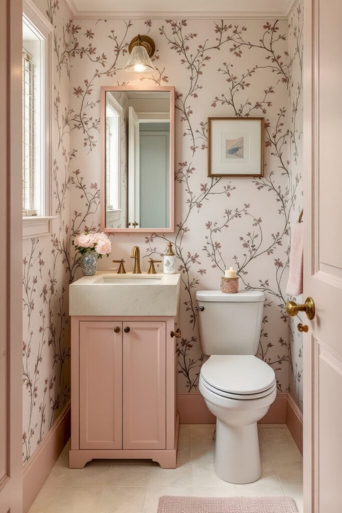Half Bathroom Decor, Elevated: Jewel-Box Ideas 5 Soft pink half bathroom with floral wallpaper, matching vanity, gold fixtures, and feminine decorative touches.