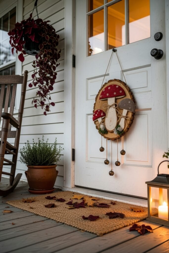 Chic halloween door hangers to elevate your entry 5 White front door decorated with a round mushroom-themed Halloween door hanger, rustic bells, lantern light, and autumn leaves on the mat.