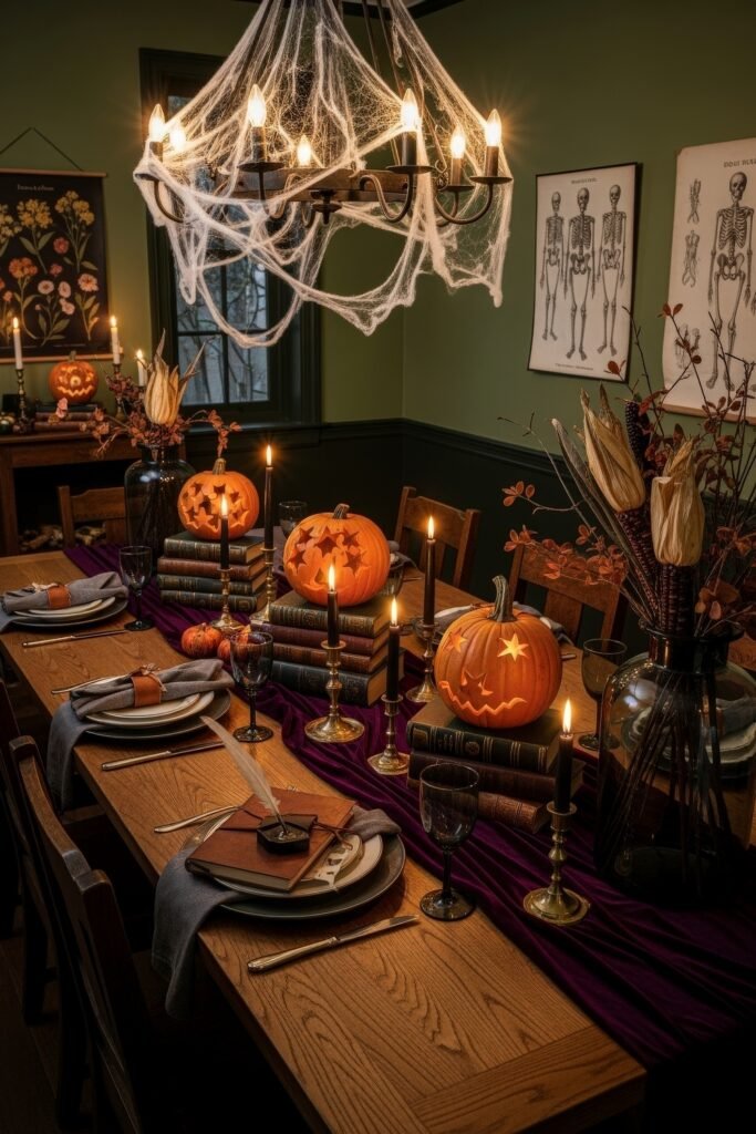 Spooky-Chic Magic: halloween home décor Ideas You’ll Love 5 Elegant dining table decorated with stacked books, carved pumpkins, brass candlesticks, and gothic accents under cobwebbed lighting.