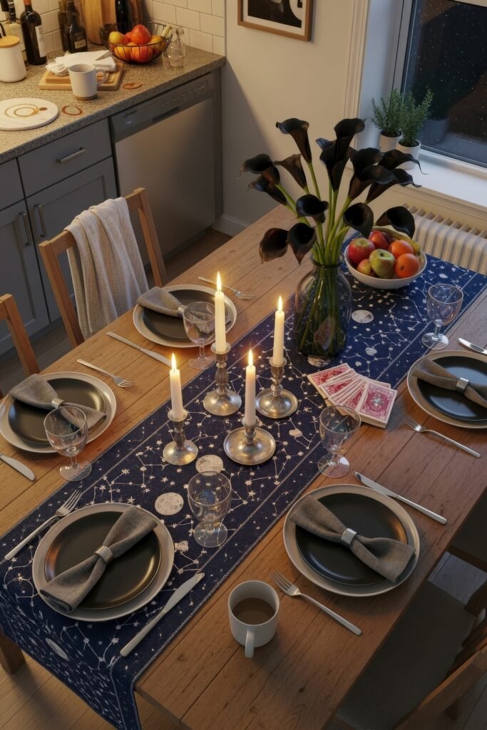 Fresh Ideas for your halloween kitchen 5 A kitchen dining table styled with dark florals, lit candles, and a celestial-patterned runner, giving the setting a mysterious, Spooky-Chic Halloween Home look.