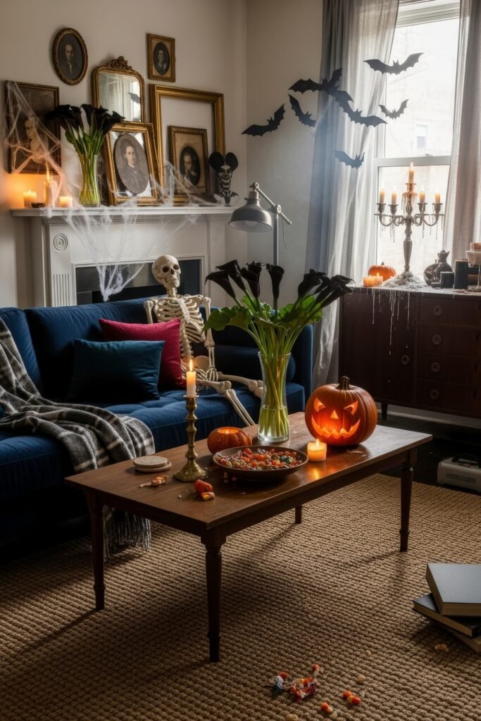 Stylish halloween living room Ideas: 15 Fresh Styles 5 Warm halloween living room with a jack-o’-lantern, skeleton, black flowers, and vintage portraits for a spooky vibe.
