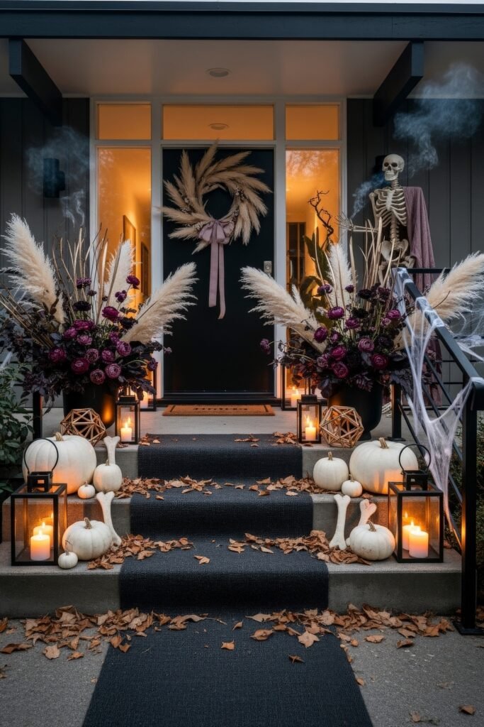 Spooky-Chic halloween porch ideas for Instant Curb Appeal 5 Modern entry with pampas grass arrangements, lanterns, white pumpkins, cobwebs, and a skeleton draped in a cape.