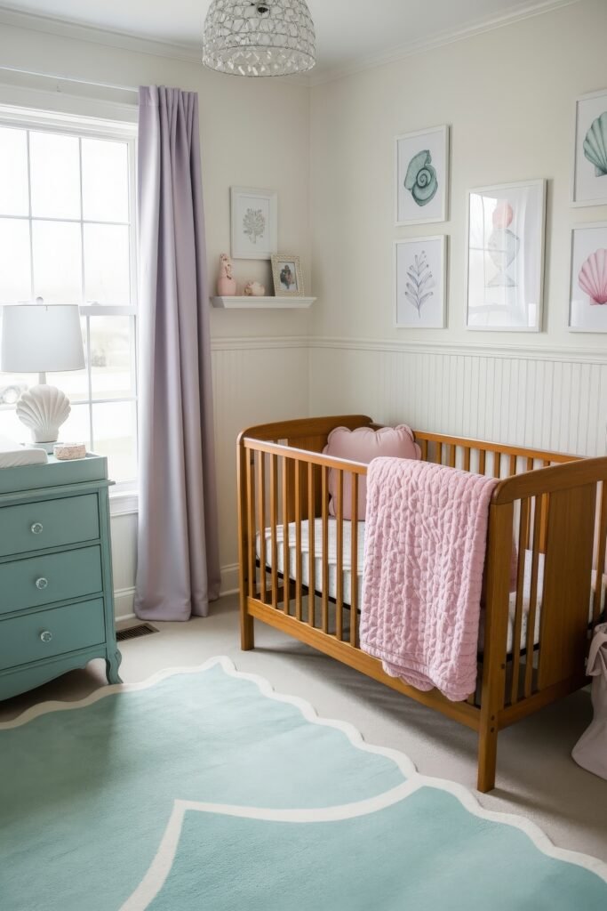 Fresh nautical nursery ideas for a calm, stylish baby room 5 Coastal-inspired nursery with a wooden crib, seashell wall art, lavender curtains, and a seafoam rug paired with pink bedding.
