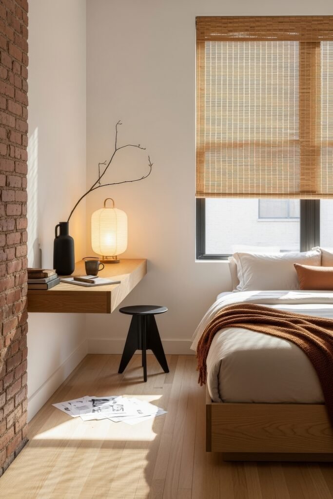 Small Bedroom Office Combo Ideas That Actually Look Chic 6 Sunlit bedroom corner with an exposed brick wall, floating desk, books, lantern lamp, and stool, with design sketches scattered on the floor.