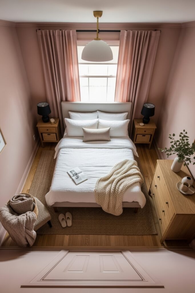 Small Bedroom Style Ideas: 15 Chic Looks That Work 5 Compact bedroom styled in blush tones with white bedding, cozy knits, and black bedside lamps for a chic modern look.