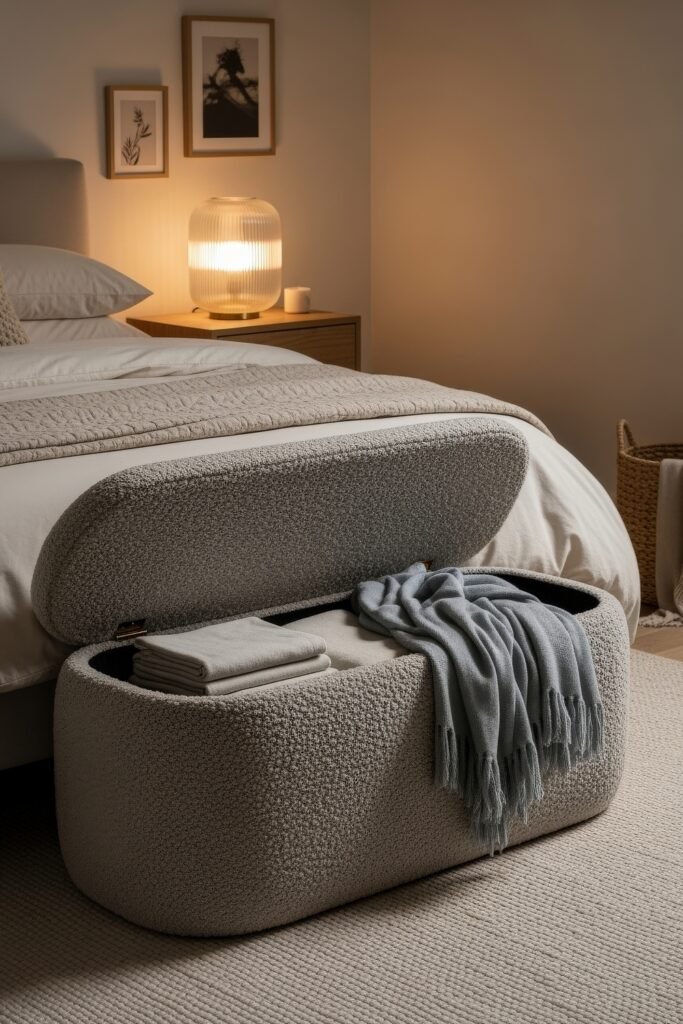 Smart, Stylish Storage Ideas for Small Bedrooms 5 Warmly lit bedroom featuring an open storage bench holding neatly folded blankets and throws, blending seating and storage ideas for small bedrooms.