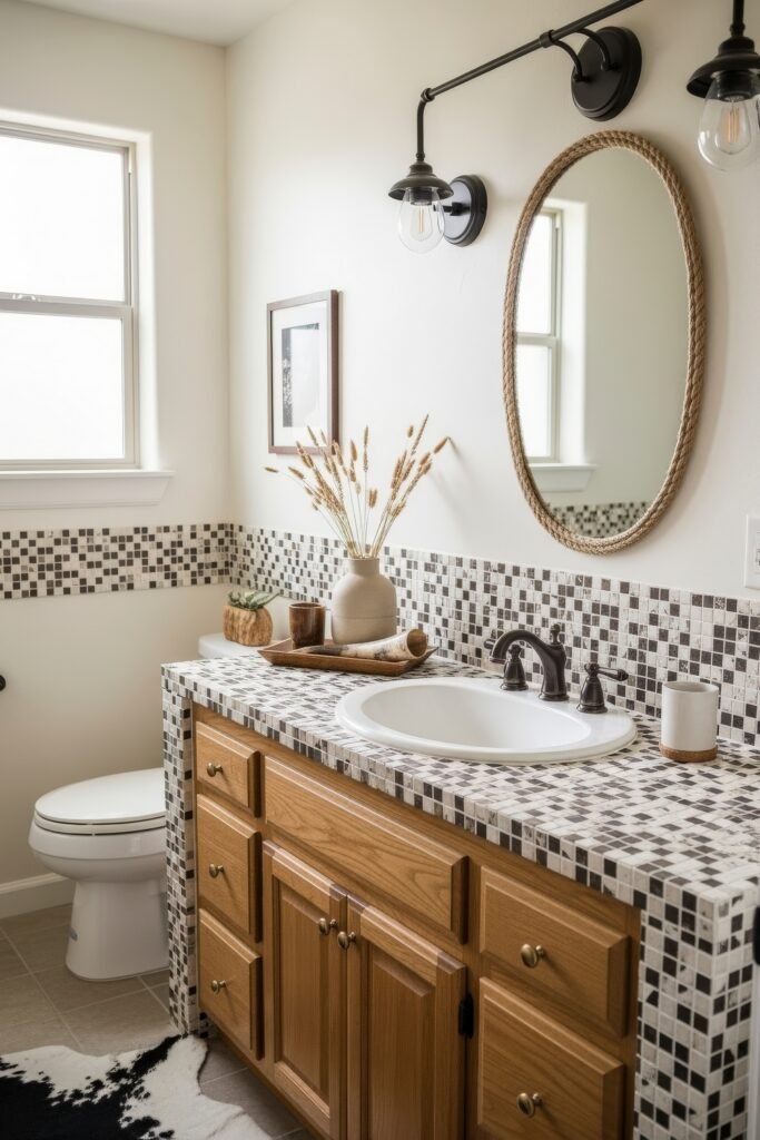 Desert-Modern Magic: Western Bathroom Decor Ideas 5 Bright bathroom with wood cabinets, black-and-white mosaic tile, rope mirror, and natural accents styled with rustic Bathroom Decor Inspo.