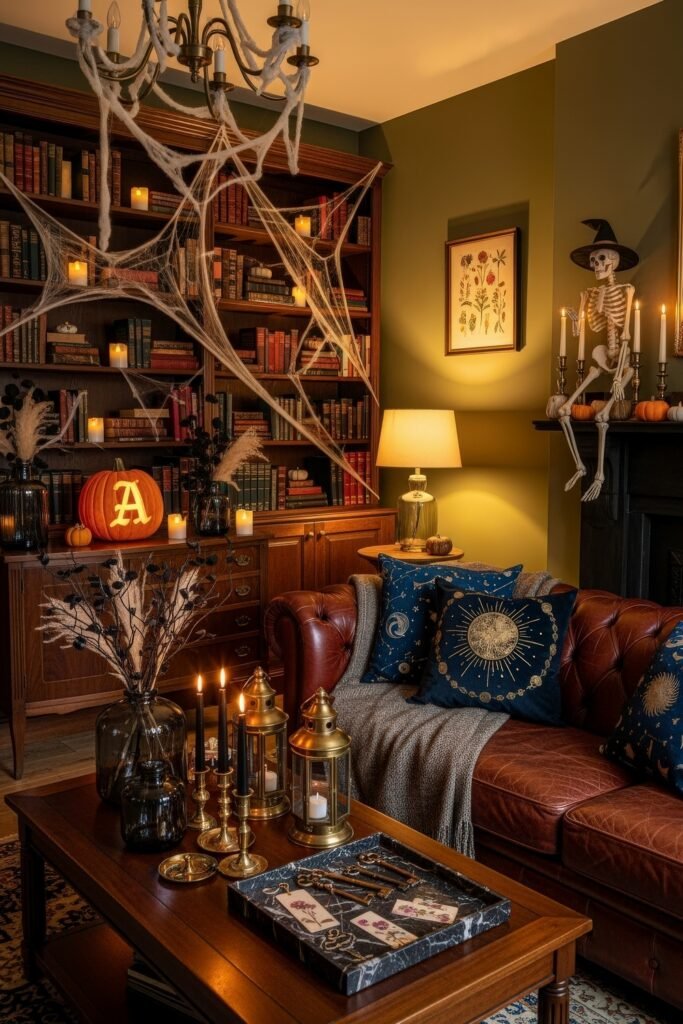 Spooky-Chic Magic: halloween home décor Ideas You’ll Love 6 Richly styled library with cobwebs, candlelight, celestial-themed pillows, pumpkins, and a skeleton in a witch hat perched above the fireplace.