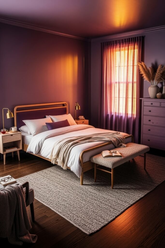 Small Bedroom Style Ideas: 15 Chic Looks That Work 6 Warm-toned small bedroom with purple walls, golden sunset light, and minimalist wood furniture for a dramatic cozy vibe.