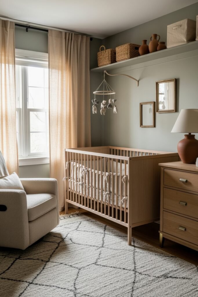 Dreamy Nursery Bedrooms: Baby Nursery Ideas for Boy 3 Soft earthy-toned nursery with a wooden crib, plush armchair, terracotta decor, and warm natural textures for a soothing baby space.