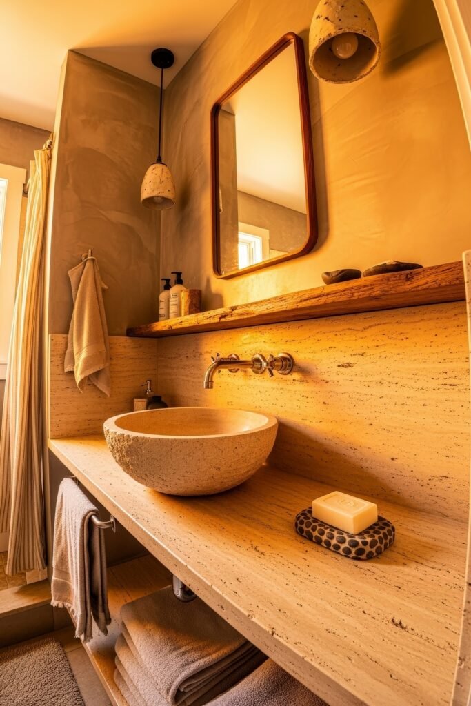 Bathroom Decor Ideas for Calm, Color, and Character 3 Earth-toned bathroom with rustic textures, a stone vessel sink, natural wood shelf, and moody lighting that creates a cozy, organic feel—perfect for earthy bathroom decor ideas.