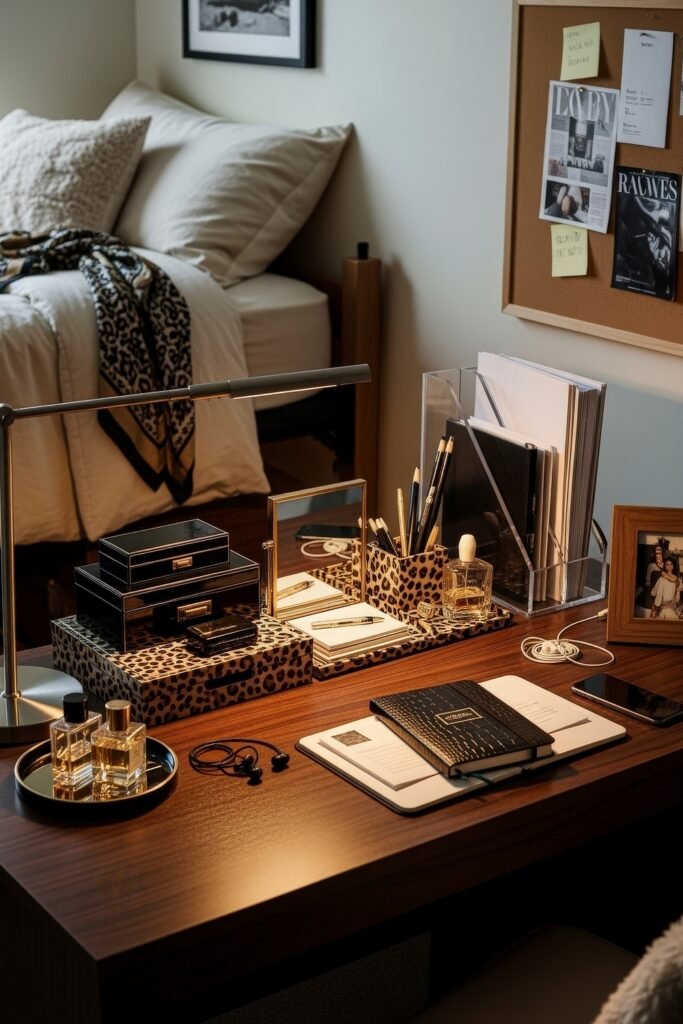 Dorm desk organization ideas for a chic glow-up 3 Stylish dorm desk setup with a dark wood finish, leopard-print organizers, perfume bottles, and a corkboard above the workspace.