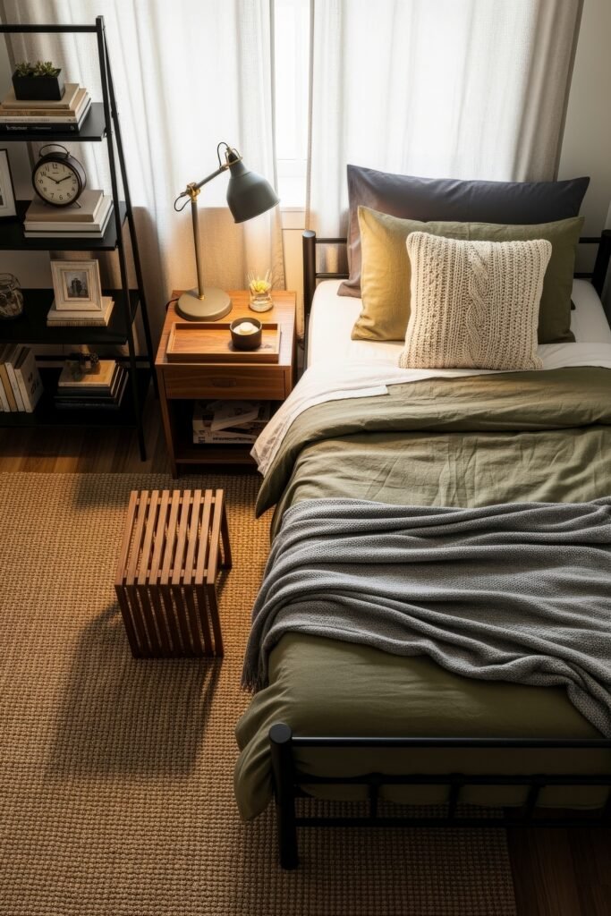 Dorm Room Ideas for Guys That Feel Grown 3 Minimalist dorm bedroom with olive and gray bedding, chunky knit pillow, wood side table with lamp and candle, and a black metal shelf styled with books and framed photos.