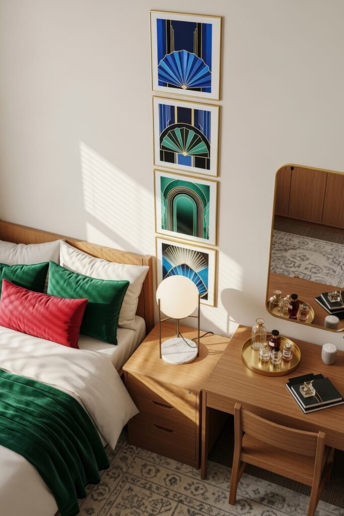 Trend-Forward dorm wall décor Ideas 4 Bright and modern dorm room with jewel-toned bedding, geometric wall art in bold blues and greens, and a neatly styled wooden vanity desk.