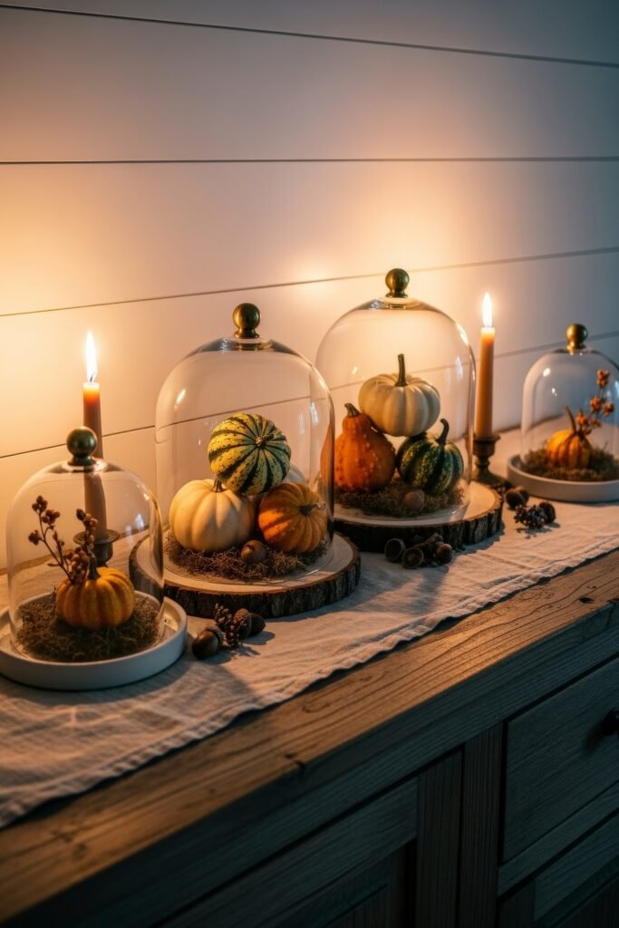 Chic Farmhouse Halloween: 13 Cozy, Stylish Decor Ideas 4 Sideboard decorated with cloche-covered gourds, moss, acorns, and glowing taper candles for a warm farmhouse Halloween look.