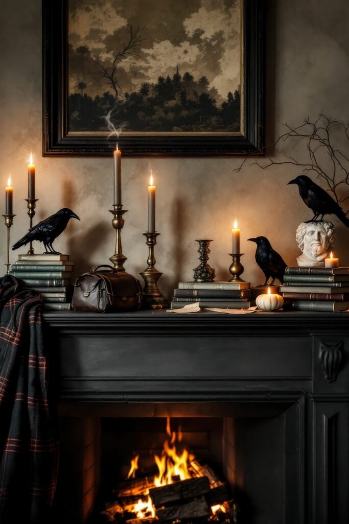 Spooky-Chic Halloween Fireplace Décor: Stylish Mantel Ideas 4 A dimly lit mantel decorated with antique books, candlesticks, faux crows, and a bust statue beside a glowing fire for a gothic Halloween home look.