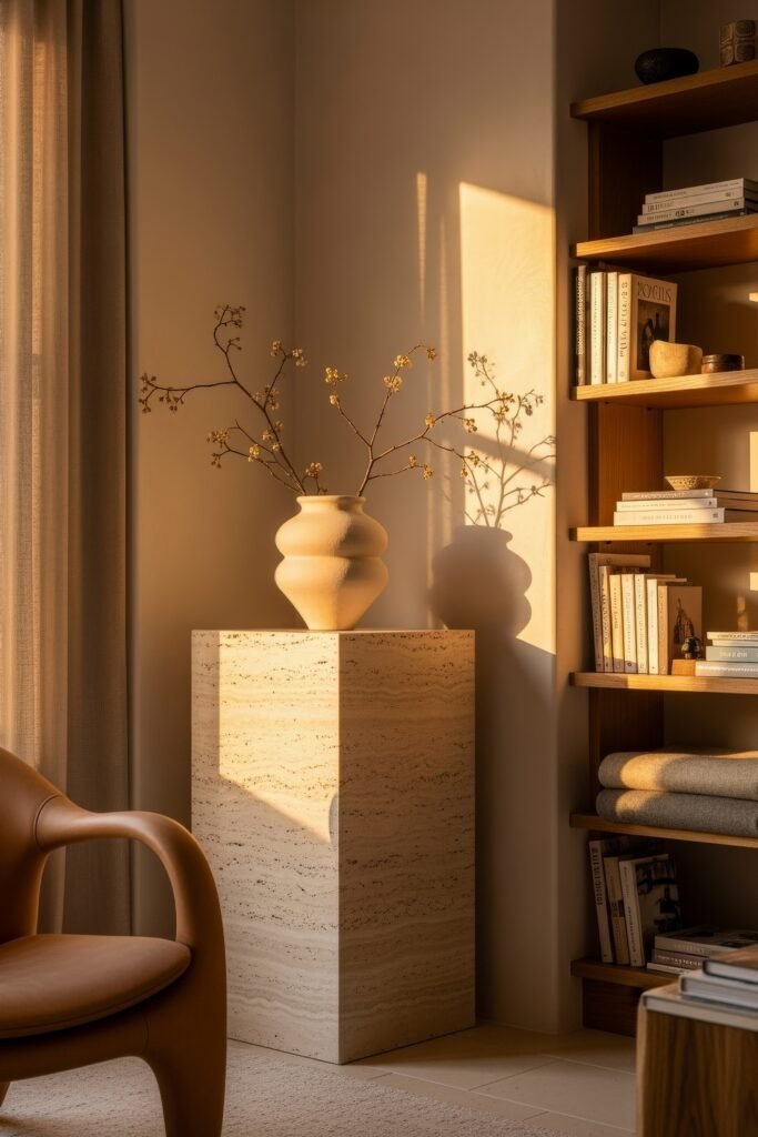 Ideas to Nail a Luxury Apartment Aesthetic 4 Elegant reading nook with a tall stone pedestal holding a ceramic vase of delicate branches, next to a warm wooden bookshelf styled with books and minimal decor.