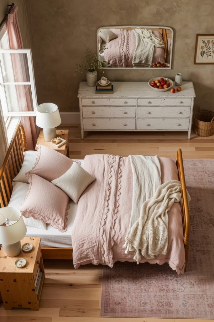 Sweet Ideas for a Romantic Cozy Farmhouse Bedroom 4 Bright cozy bedroom with soft pink bedding, scalloped edges, a white vintage dresser topped with apples and a mirror reflecting the bed.
