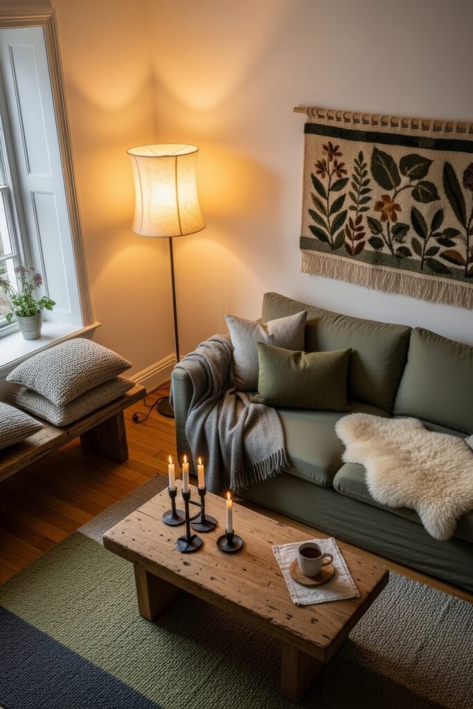Chic Ideas for Aesthetic Apartment Decor That Feels Effortless 6 Inviting living room with a green sofa, layered pillows and throws, rustic wood coffee table with multiple candles, and a botanical tapestry as wall decor.