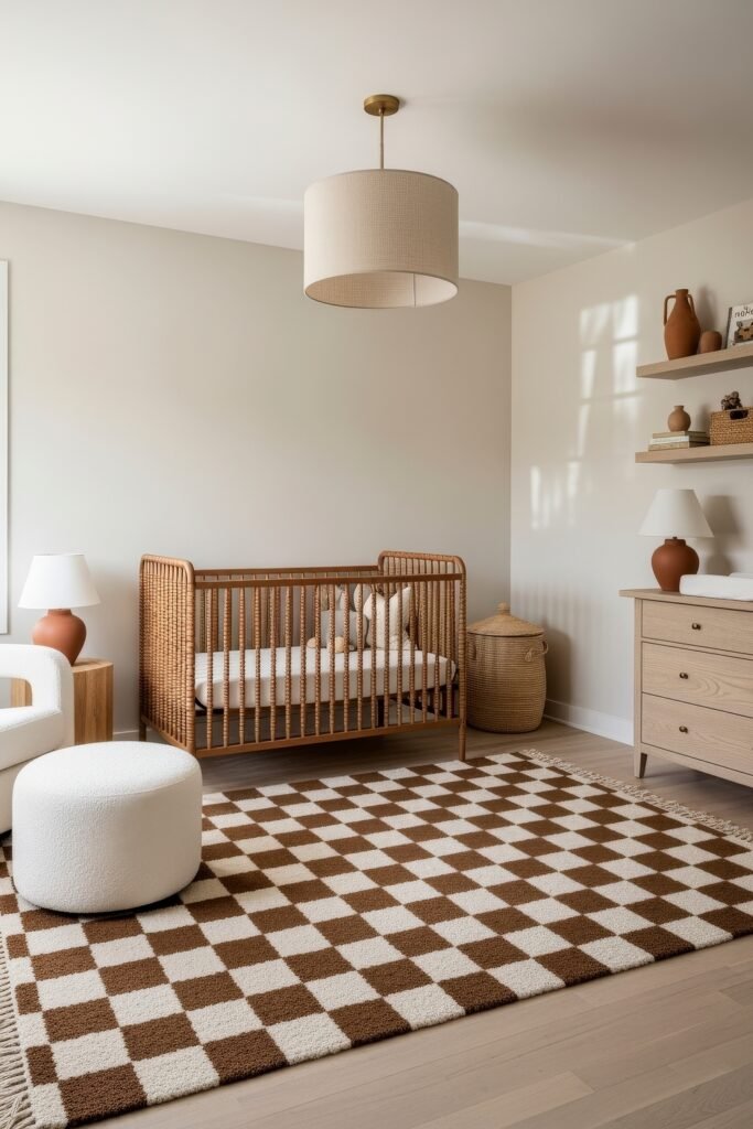 Dreamy Nursery Bedrooms: Baby Nursery Ideas for Boy 4 Minimalist baby nursery with a woven crib, bold checkered rug, light wood dresser, and simple accents creating a clean, modern look.