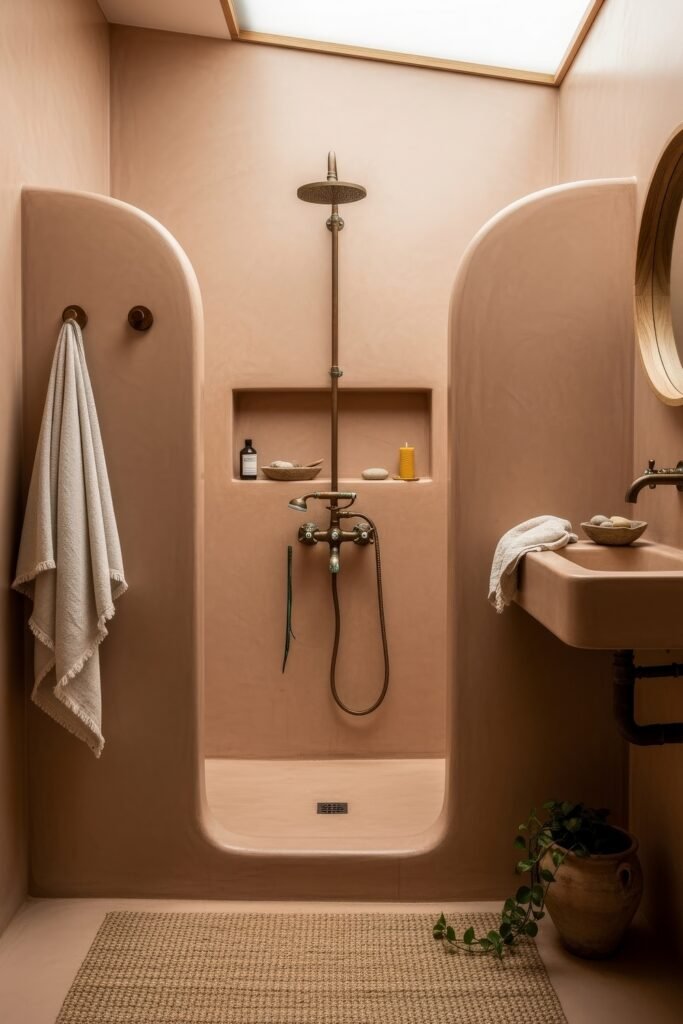 Fresh Ways to Layer Boho Bathroom Decor 6 Minimalist clay-toned shower with curved walls, brass fixtures, built-in shelves, and earthy accents for serene Bathroom Decor Inspo.