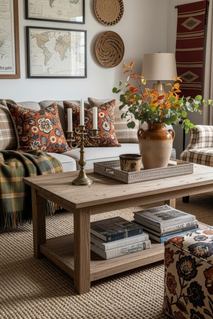 Cozy Boho Fall Decor: Ideas for Warm, Collected Style 6 Living room styled with plaid and floral pillows, a rustic wooden coffee table with a ceramic vase of fall branches, and a brass candle holder for seasonal warmth.