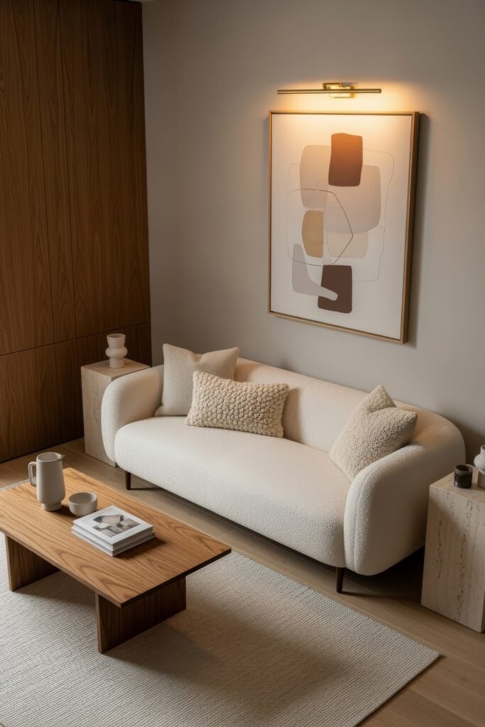 Chic Ideas for a Brown Apartment Aesthetic 5 Serene modern sitting area with a soft white boucle loveseat, textured pillows, and a natural wood coffee table, framed by abstract wall art and a backdrop of wood paneling, showcasing aesthetic apartment decor.