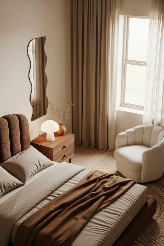 Soft & Stylish: Cozy Bedroom Ideas for an Effortless Retreat 6 Minimalist cozy bedroom with brown upholstered headboard, taupe bedding, brown throw blanket, scalloped-edge mirror, and a mushroom-shaped bedside lamp.