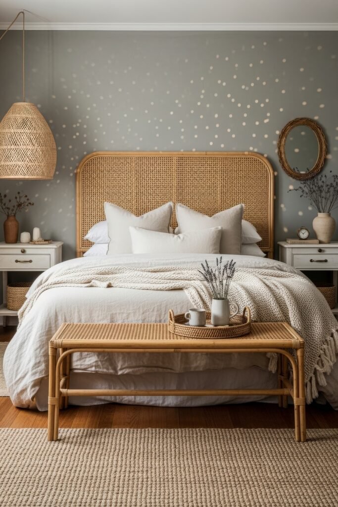 Dreamy Ways to Style a Cozy Boho Bedroom 6 A soothing bedroom with a cane headboard, neutral bedding and pillows, cozy knitted throw, and a rattan bench, accented by a hanging woven light, spotted feature wall, and small ceramic decor, reflecting a cozy boho bedroom design.